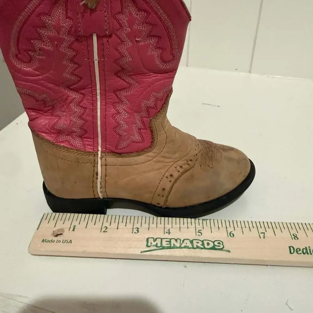 Old West Girls Pink and Tan Leather Western Cowboy Boots Style 1938I toddler 7